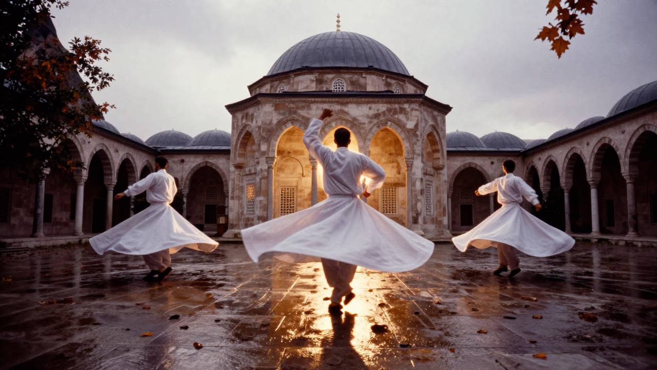 Whirling Dervish Spinning in Cappadocia Temple in in a temple courtyard near Cappadocia