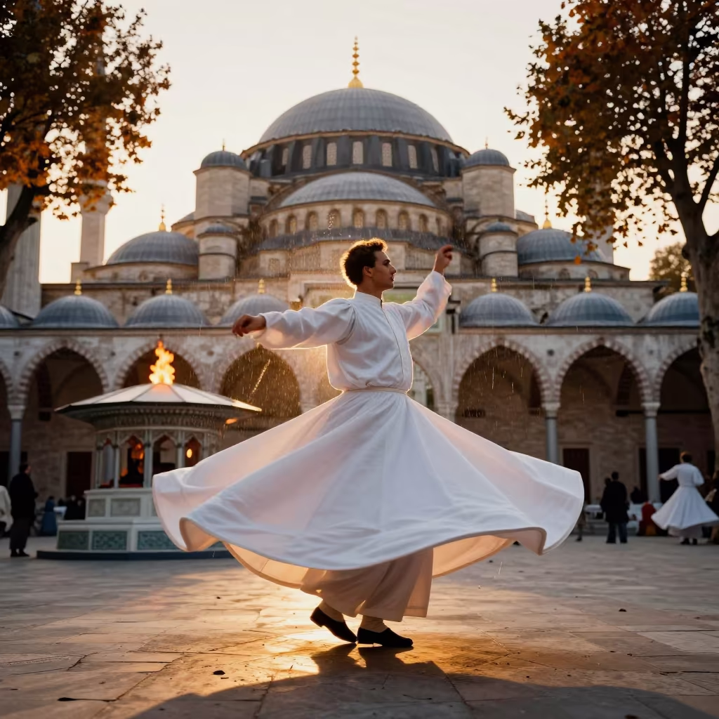 Whirling Dervish Spinning in Istanbul Temple Courtyard in in a temple courtyard in Istanbul
