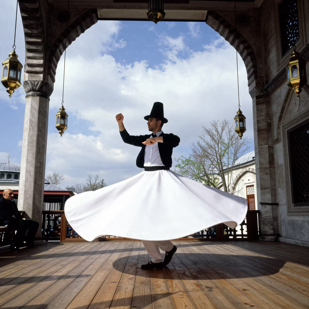 Whirling Dervish in Karakoy Shrine Skylight in in a shrine lined with lanterns in Karakoy, Istanbul