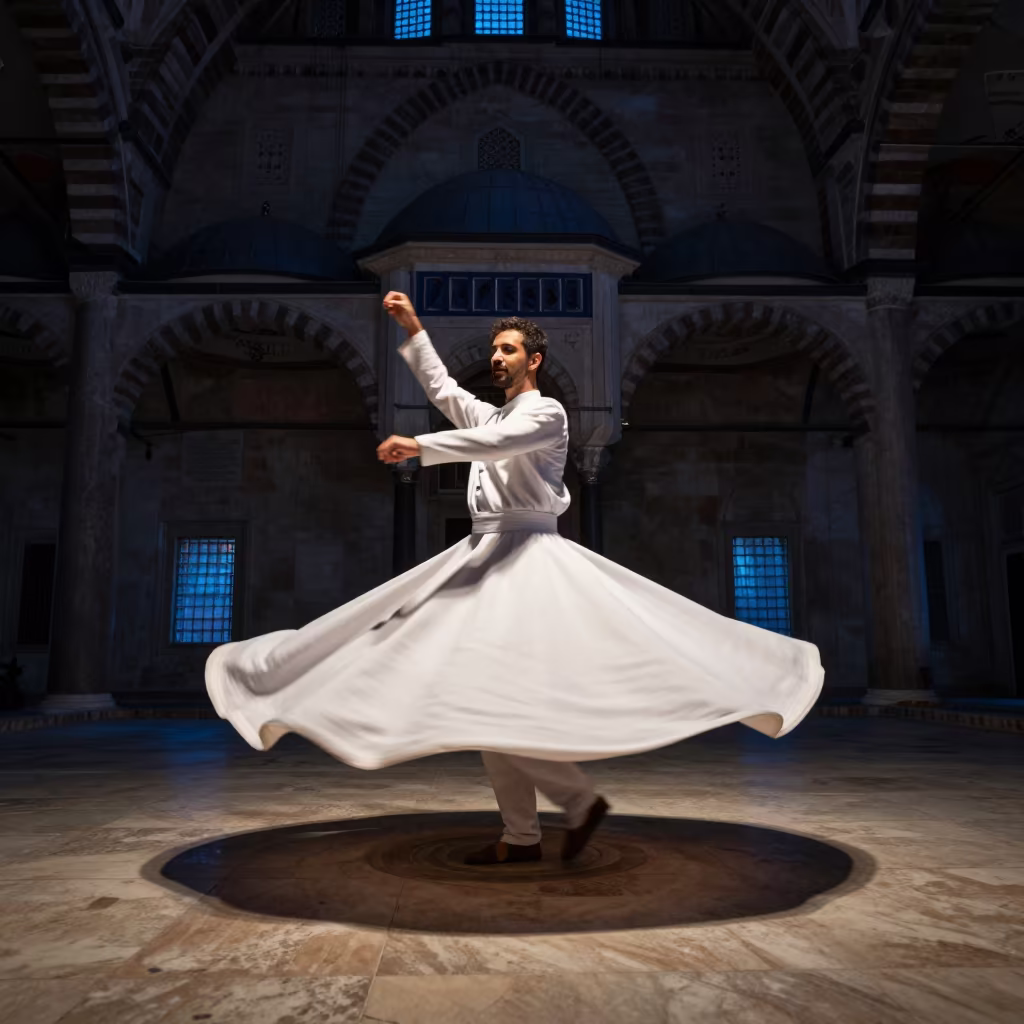 Whirling Dervish Spinning in Blue Evening Light in in a prayer hall in Cihangir, Istanbul