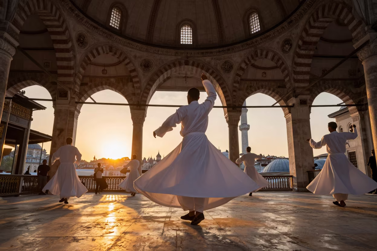 Whirling Dervish Spinning in Galata Hall in in a ceremonial hall in Galata, Istanbul