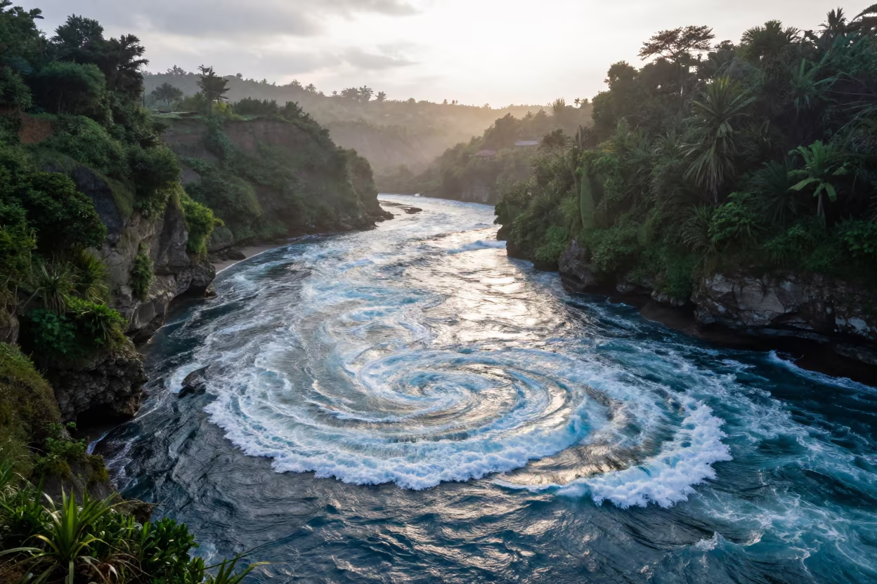 Whirlpool in Java River Strait Late Afternoon in along a wave-cut shoreline in Java