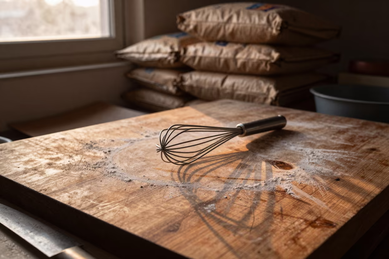 Whisk on Butcher Block with Flour and Sacks in on a grocer's counter with stacked paper sacks in Aligarh