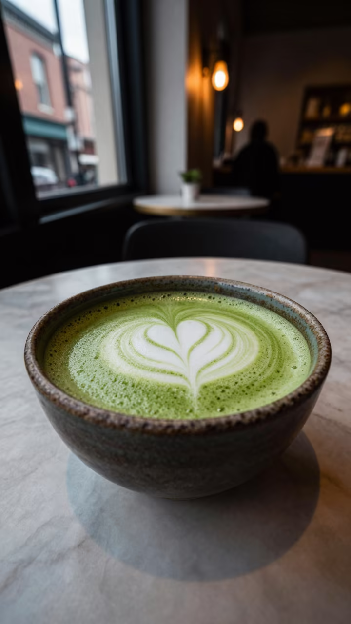 Whisked Matcha Bowl on Marble Table in on a marble cafe table in Philadelphia