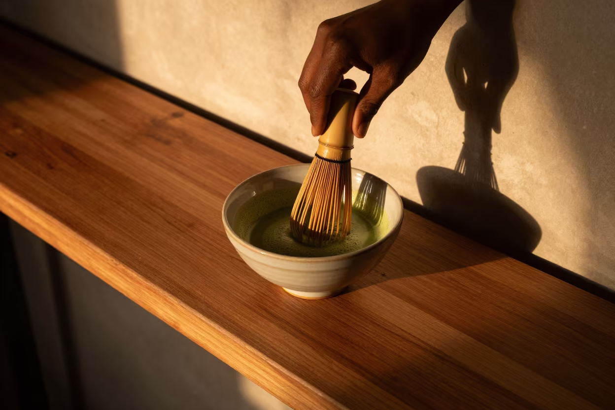 Whisked Matcha Bowl in Warri Sunset Light in at a coffee bar counter in Warri