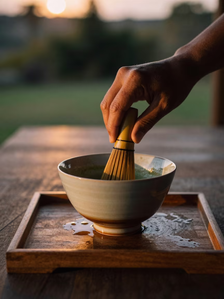 Whisked Matcha in Lobamba Tea House in on a tea house tray in Lobamba