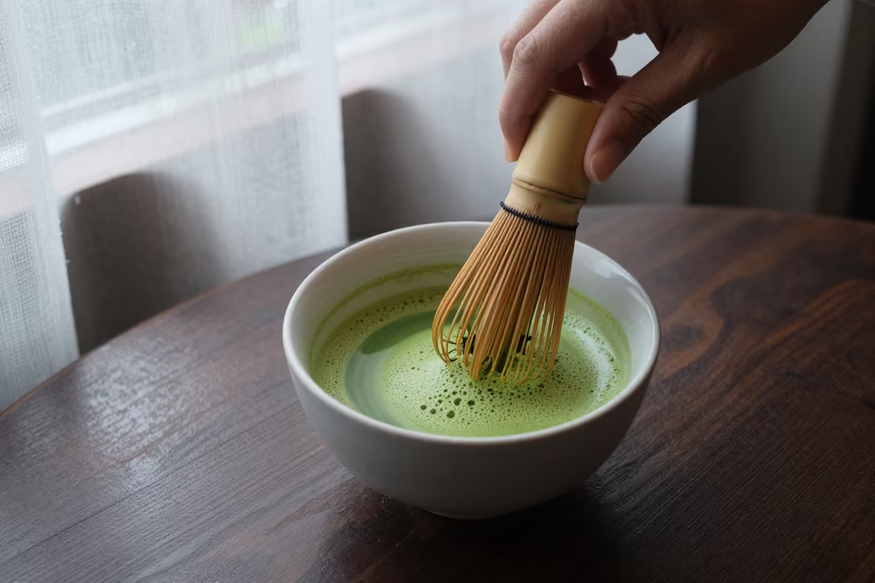 Whisked Matcha Tea on Cafe Table in on a small cafe table by a window in Bangalore