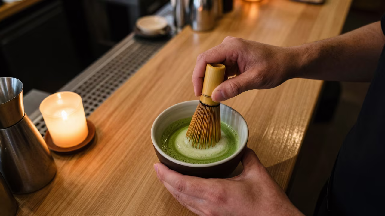 Whisked Matcha Tea at Dawn in St Petersburg in at a coffee bar counter in St Petersburg