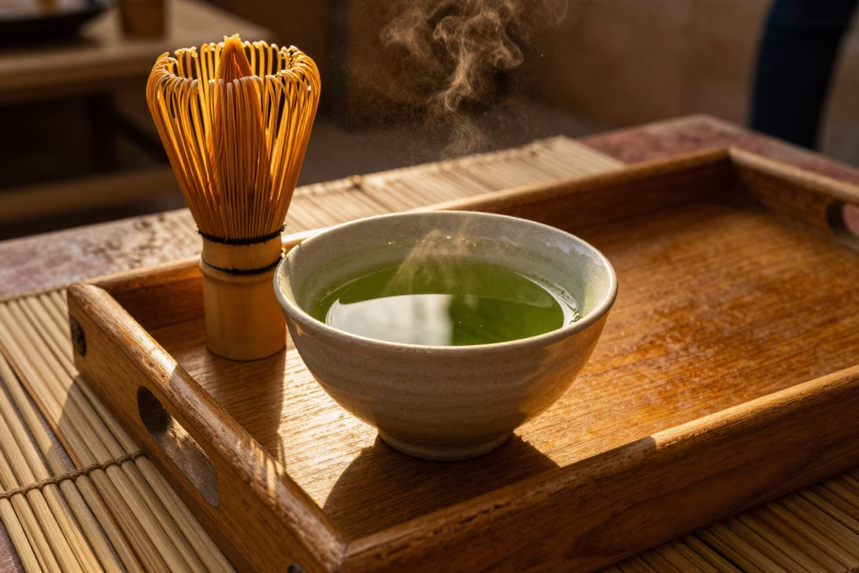 Whisked Matcha Tea in Golden Sunset Light in on a tea house tray in Blida