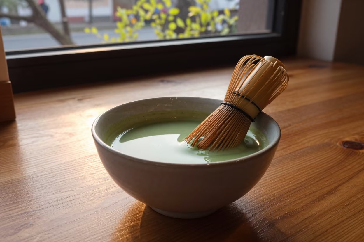Whisked Matcha Tea Sunset Cafe Table Dibrugarh in on a small cafe table by a window in Dibrugarh