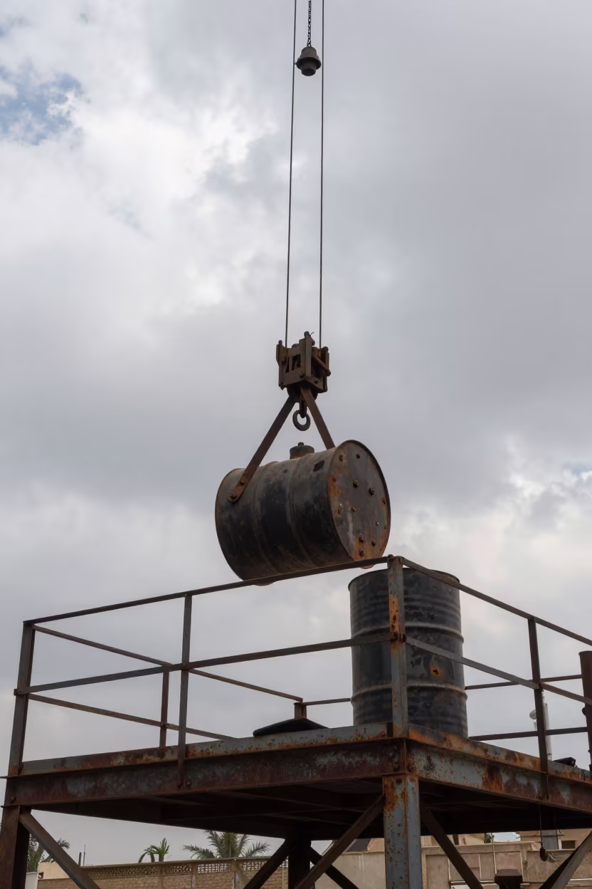 Whiskey Stained Barrel Hoist on Baghdad Scaffold in on a scaffold platform near Baghdad