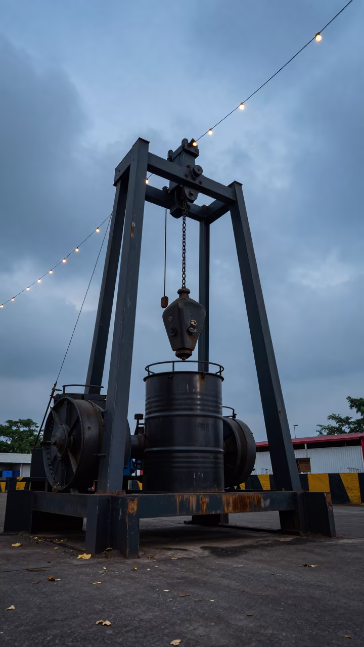 Whiskey Stained Barrel Hoist at Jalgaon Dock in at a loading dock near Jalgaon