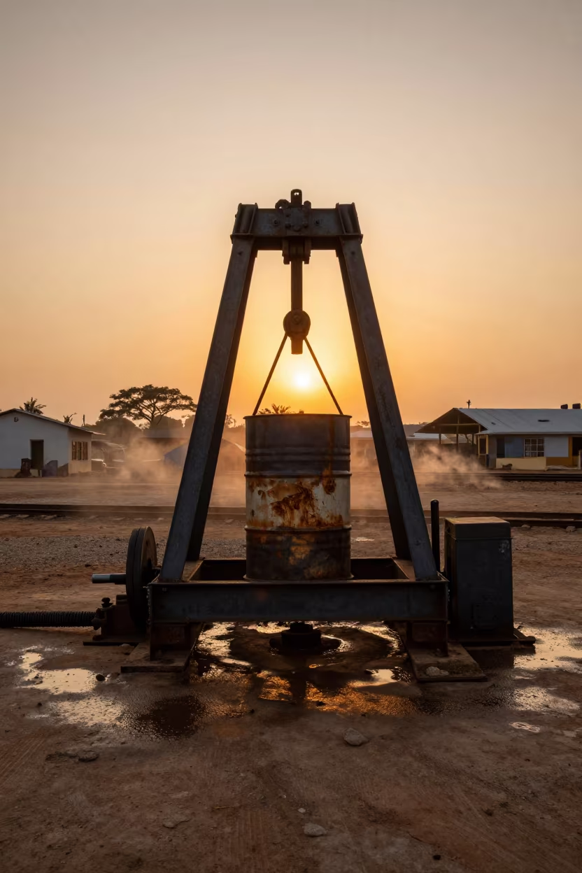 Whiskey Stained Barrel Hoist at N'dalatando Rail Yard in at a rail yard near N'dalatando