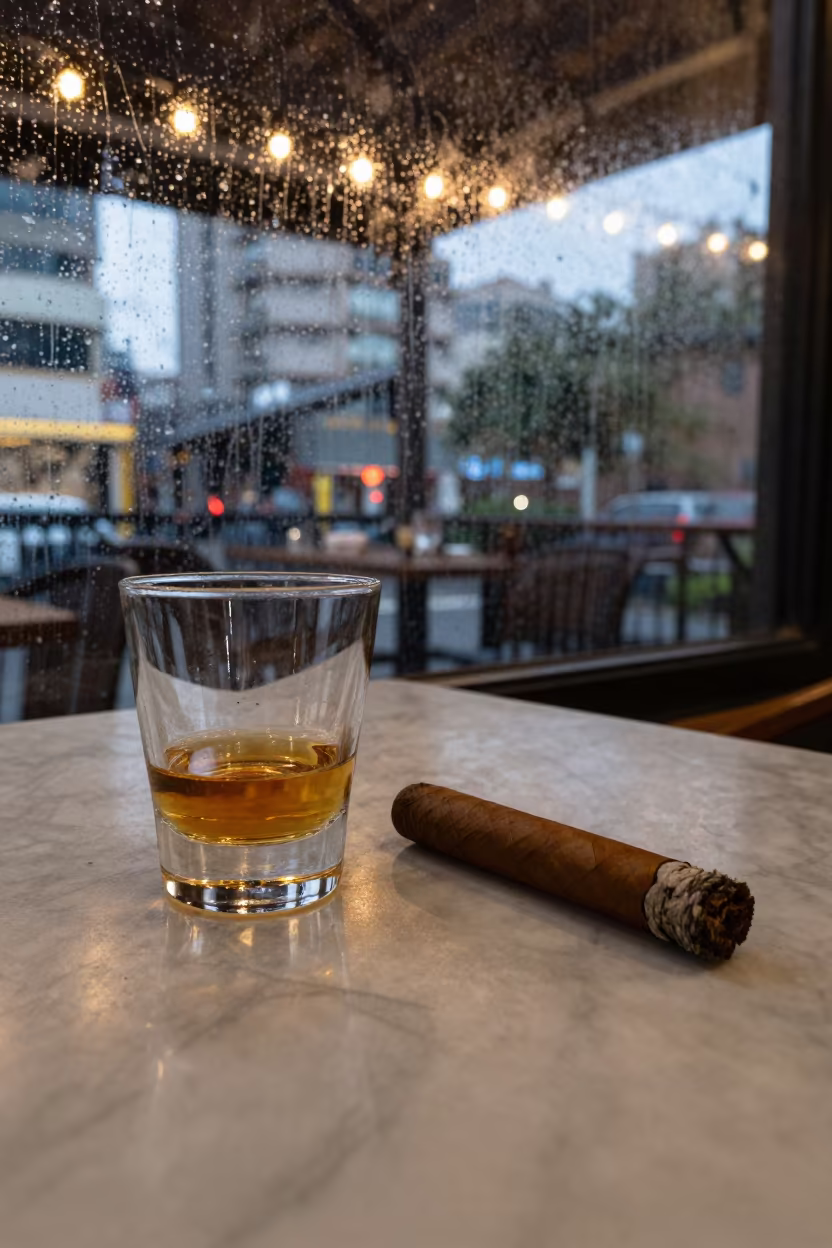 Whisky and Cigar on Marble Table in Santa Cruz in on a marble cafe table in Santa Cruz de la Sierra