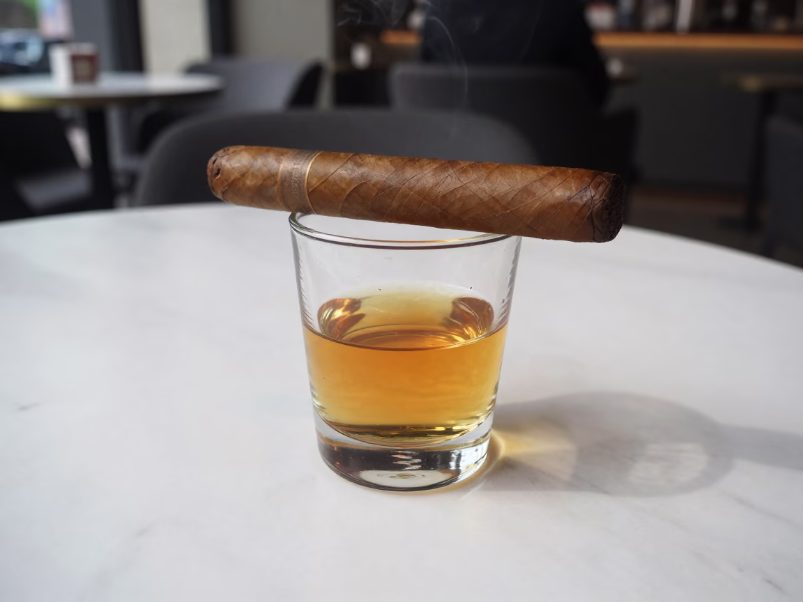 Whisky and Cigar on Marble Table in Shenzhen in on a marble cafe table in Shenzhen