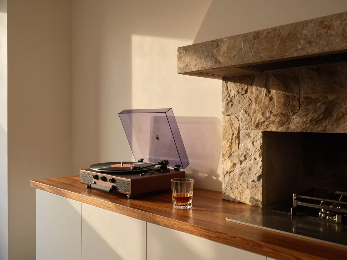 Whisky Glass and Record Player in Karachi Kitchen in in a cozy kitchen in Karachi