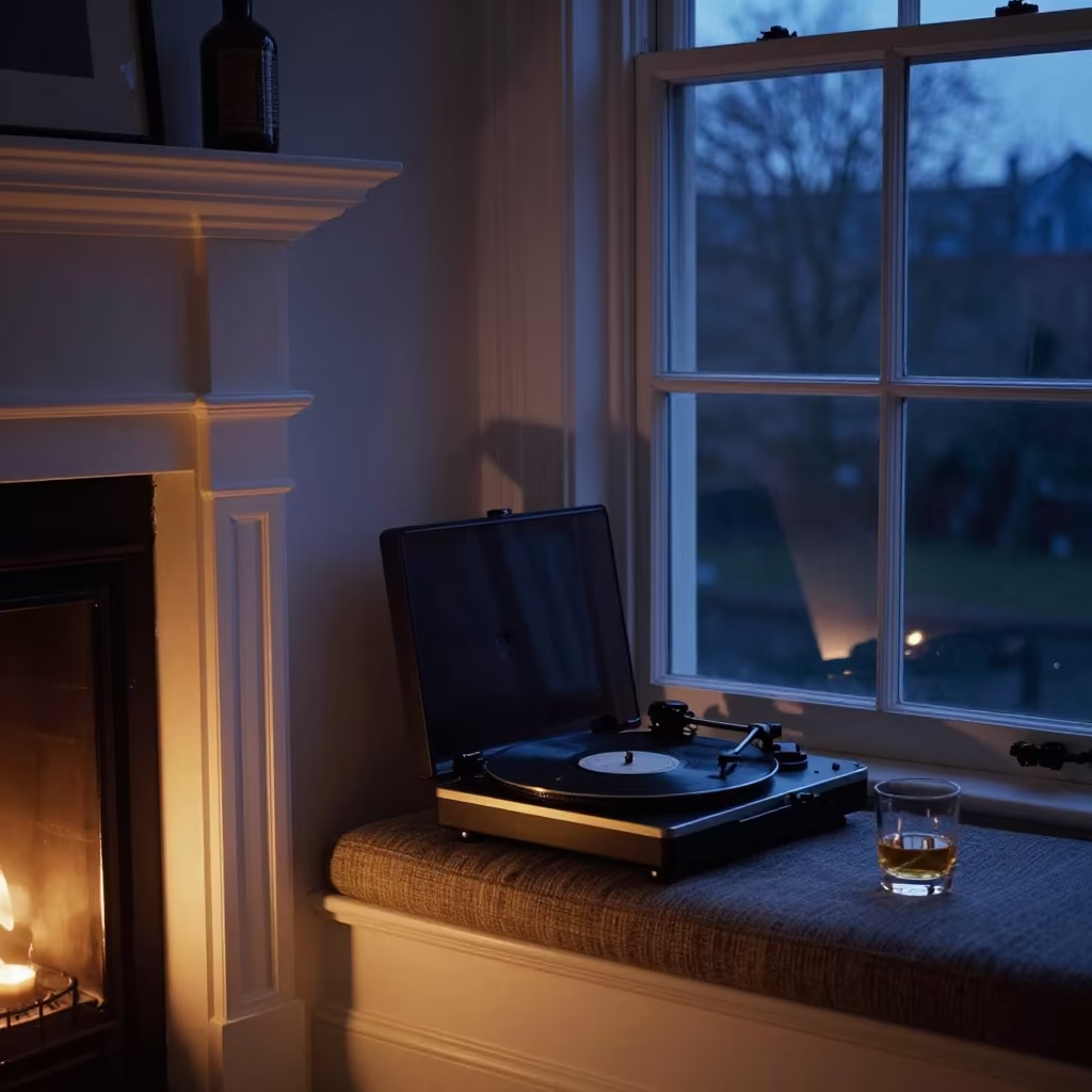 Whisky Glass and Turntable by East London Fireplace in on a reading nook cushion near East London