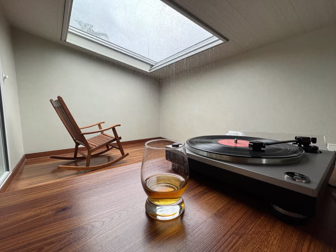 Whisky Glass and Turntable on Rainy Porch in on a porch with a rocking chair near Jalingo