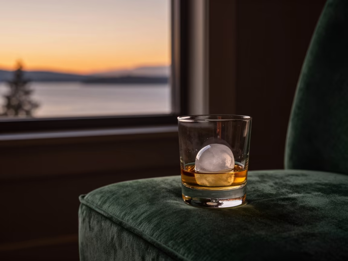 Whisky Ice Sphere on Velvet Chair Vancouver in on a velvet chair in Vancouver