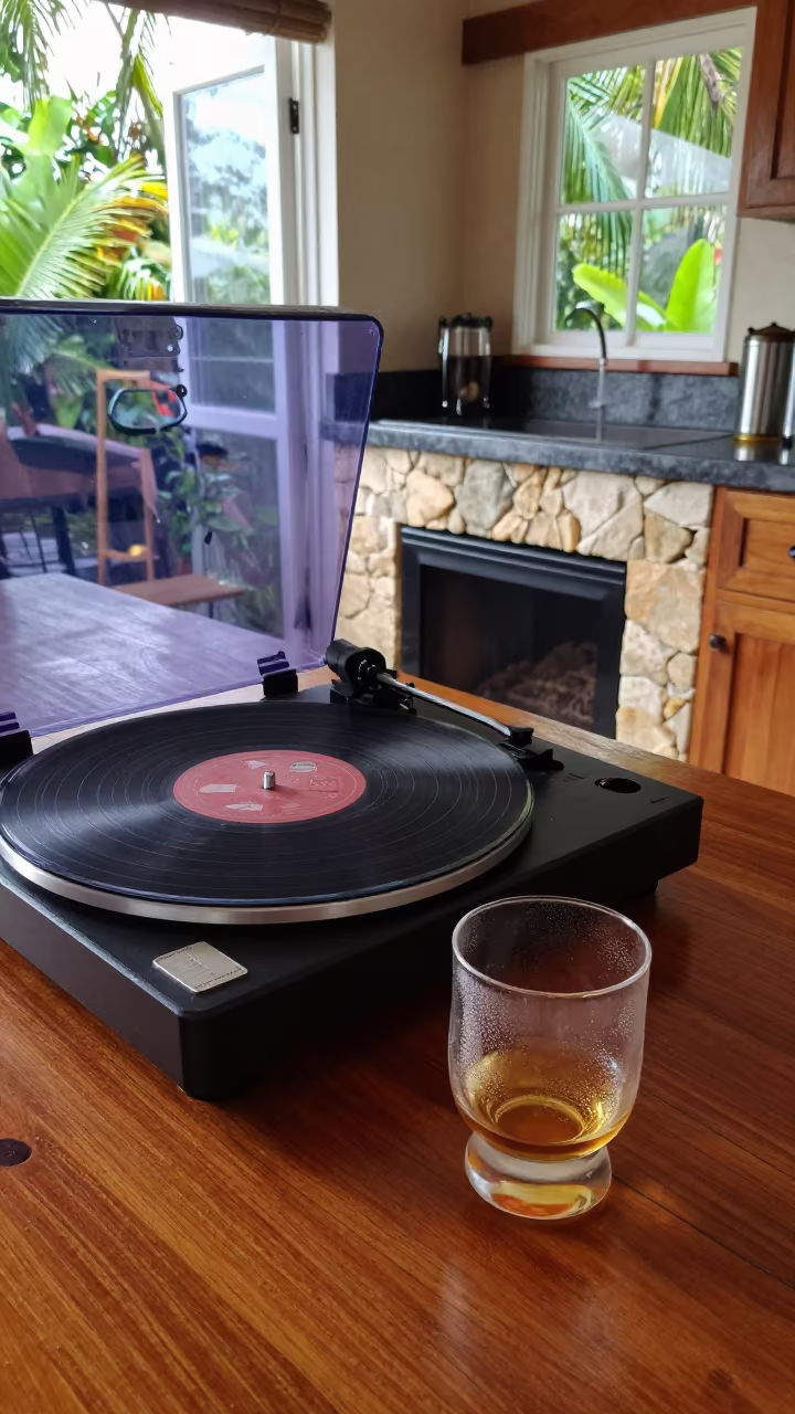 Whisky Glass and Record Player in Seychelles Kitchen in in a cozy kitchen in Victoria Seychelles