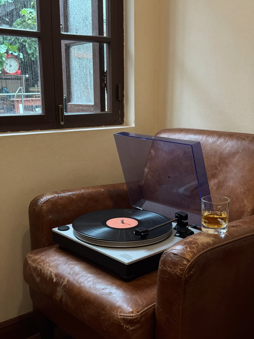 Whisky and Vinyl on Leather Chair Hanoi in on a worn leather armchair in Hanoi