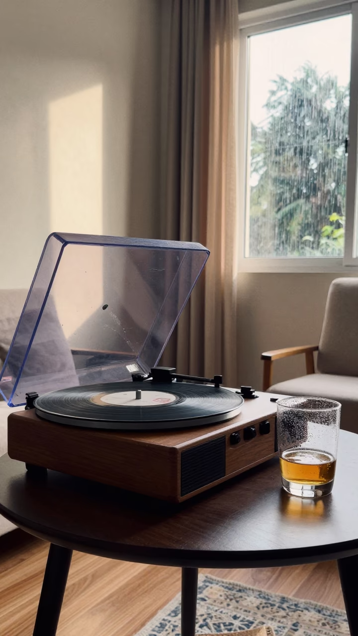 Whisky and Vinyl in Sahiwal Monsoon Light in in a sunlit living room in Sahiwal