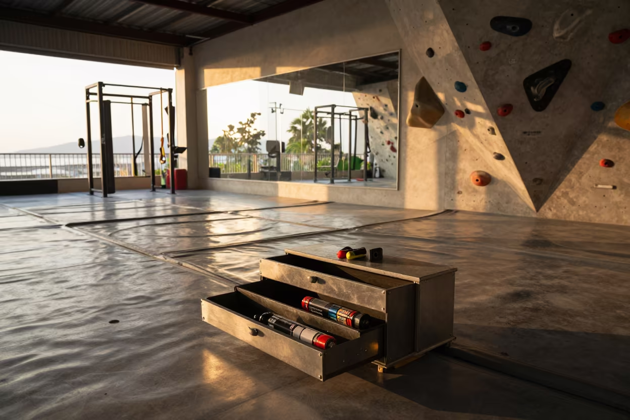 Whistle Battery Drawer in Da Nang Climbing Gym in inside a climbing gym warmup zone in Da Nang