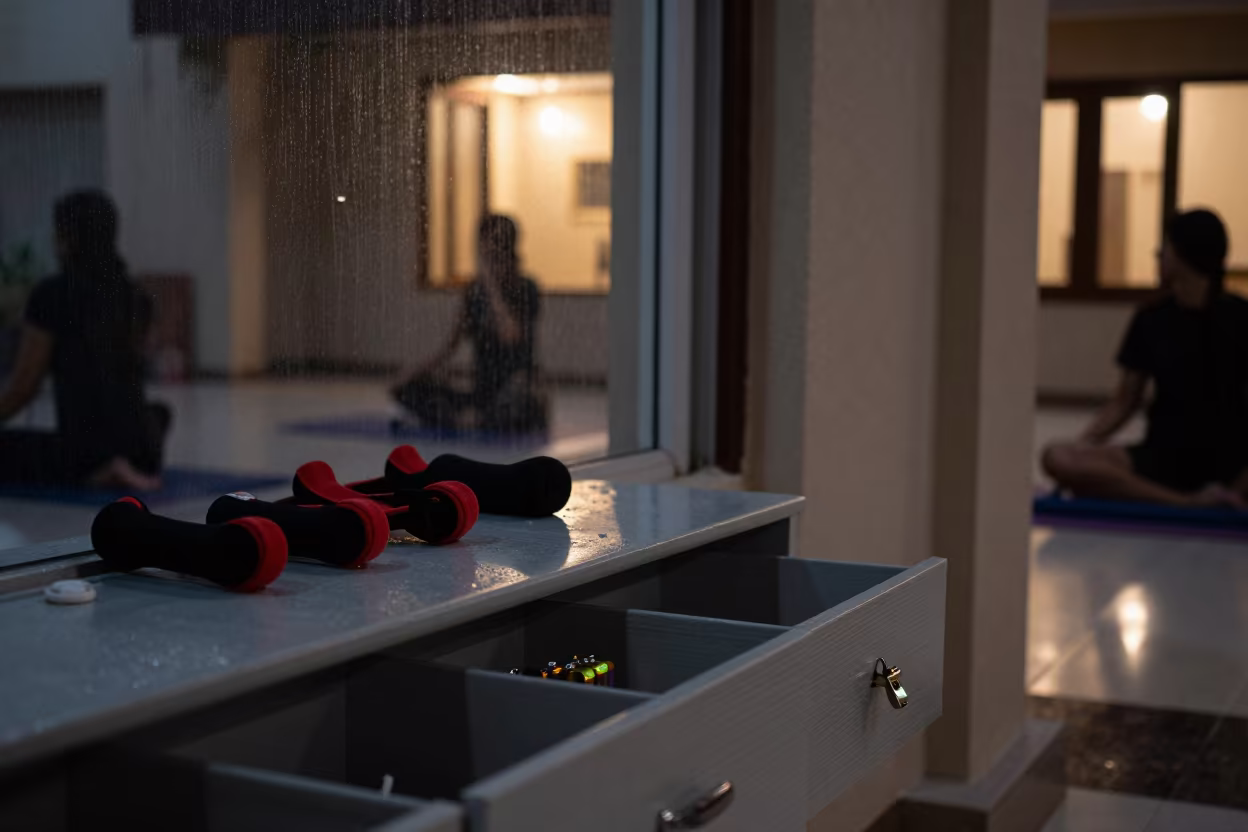 Whistle Battery Drawer in Sana'a Yoga Studio in inside a yoga studio before the session begins in Sana'a