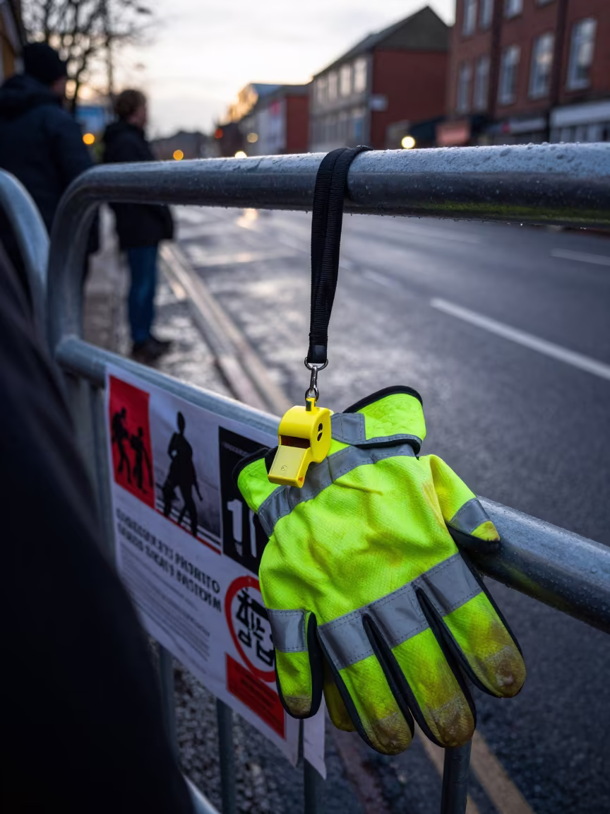 Whistle and Gloves on Protest Route in along barricaded protest routes in Stoke-on-Trent