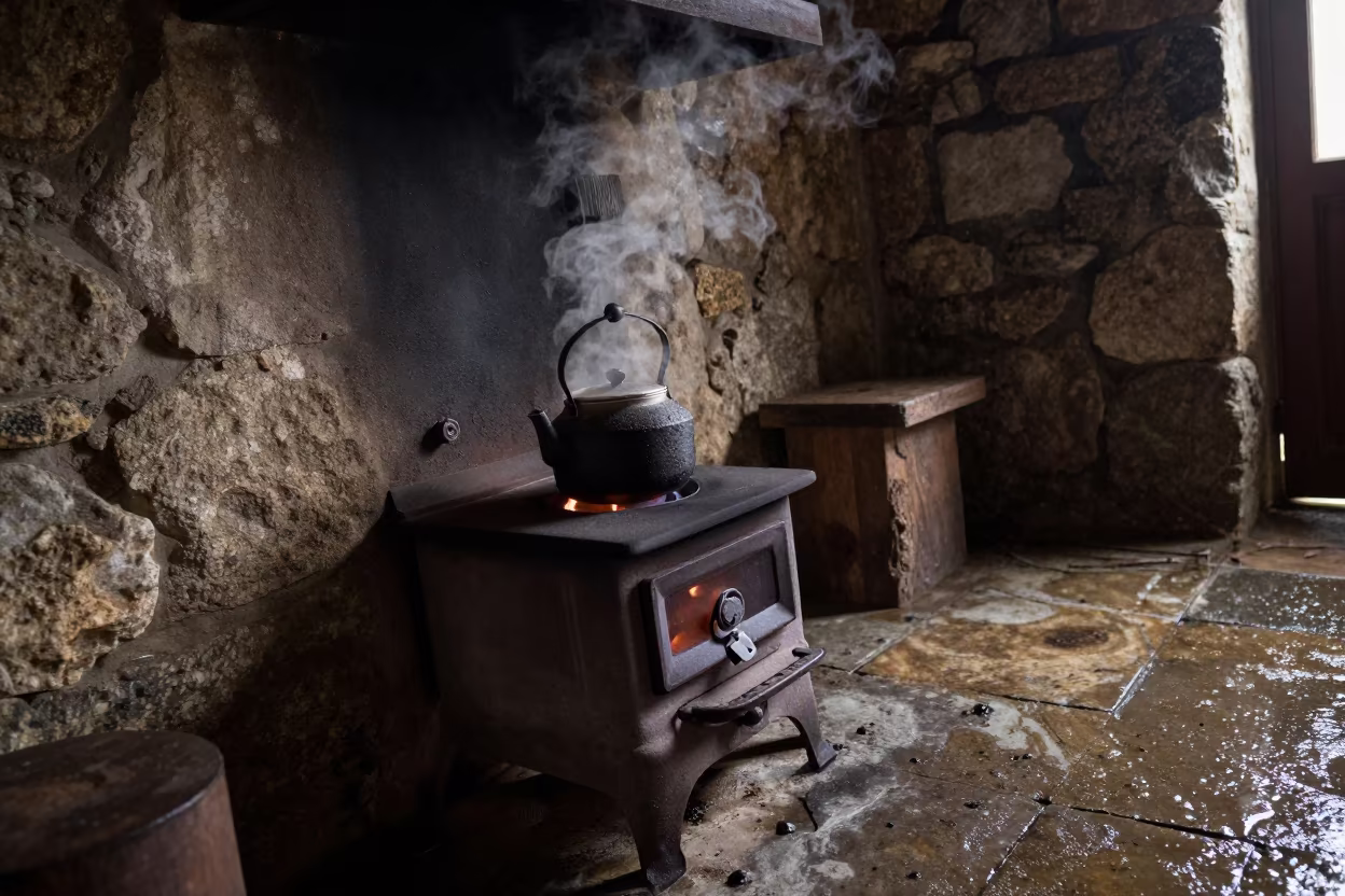 Whistling Kettle on Iron Stove in Stone Cottage in inside a skylit passageway near Milan