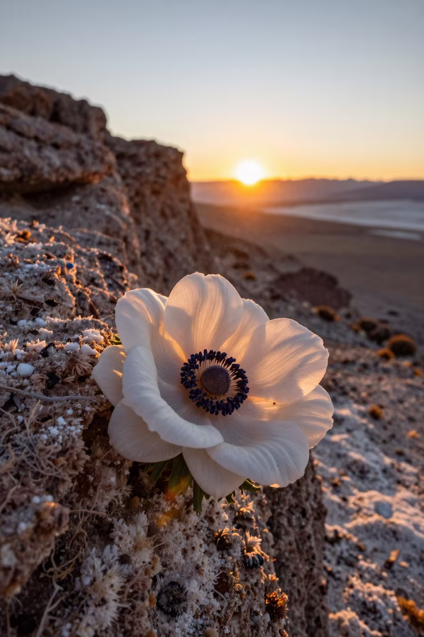White Anemone on Bolivia Cliff at Sunset in along a salt-sprayed cliff edge in Bolivia
