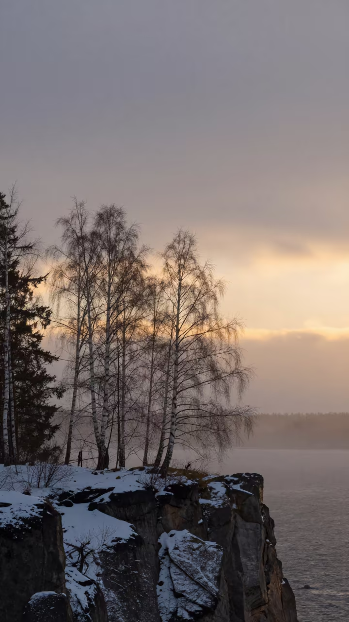 White Birch Stand on Misty Cliff at Sunset in along a salt-sprayed cliff edge near Kruununhaka, Helsinki