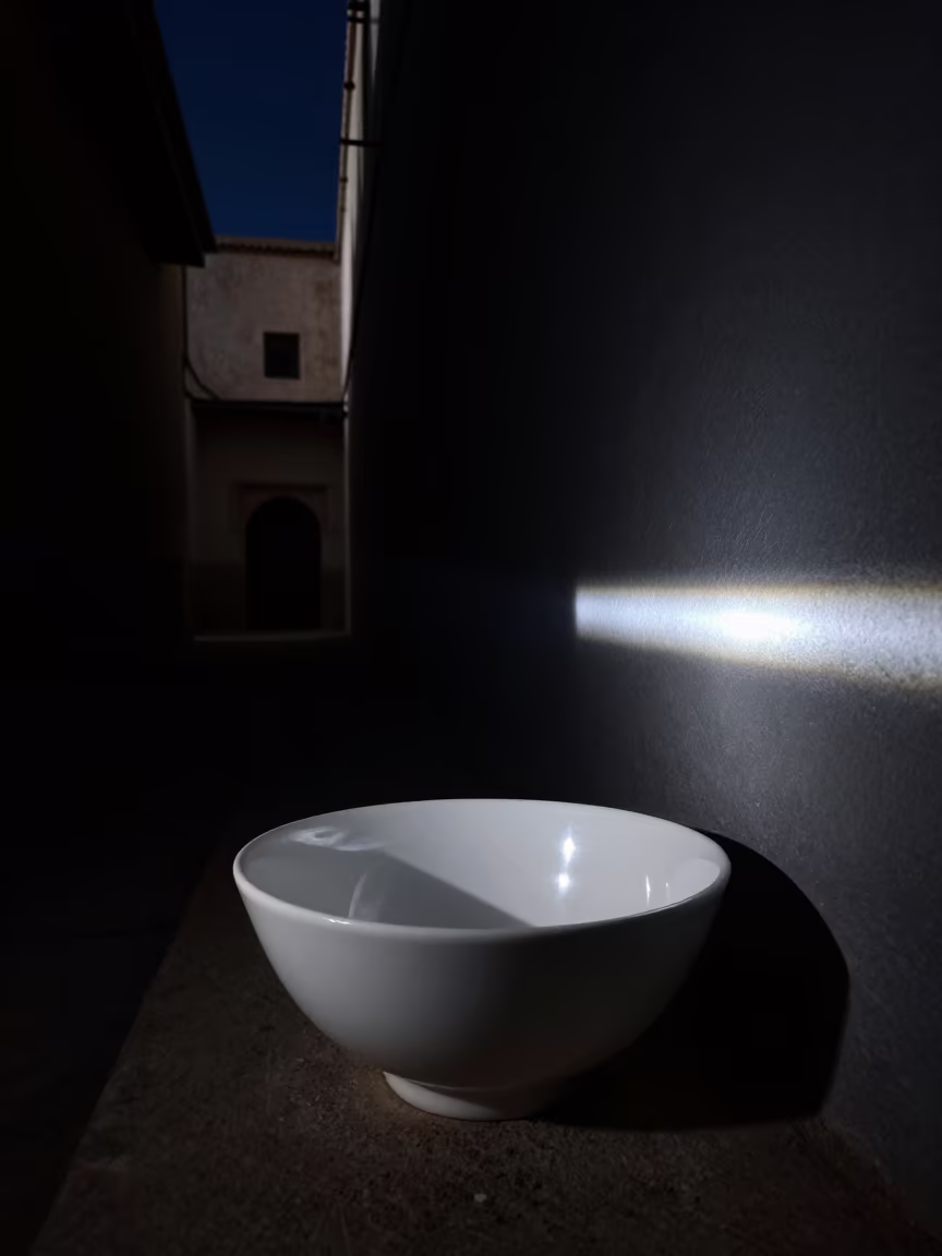 White Bowl Dark Light Seam Night Passageway in inside a skylit passageway near Mohammedia