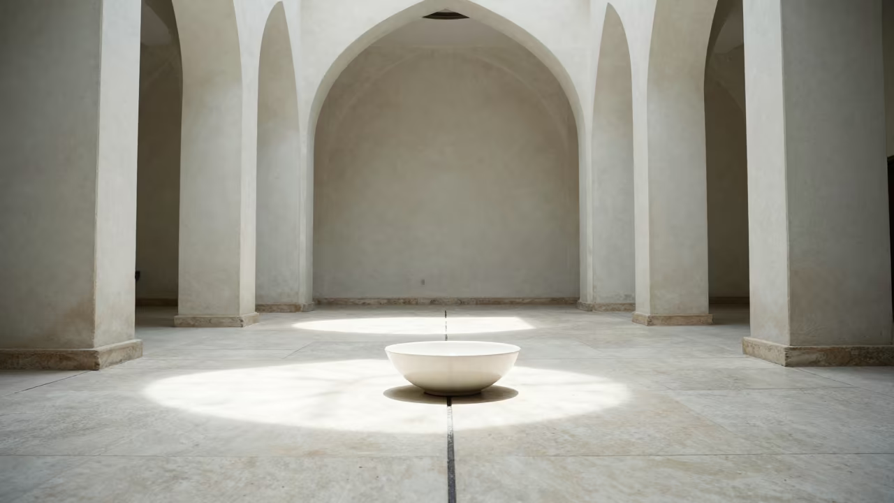 White Bowl Dark Light Seam Vaulted Atrium Mardin in inside a vaulted atrium in Mardin