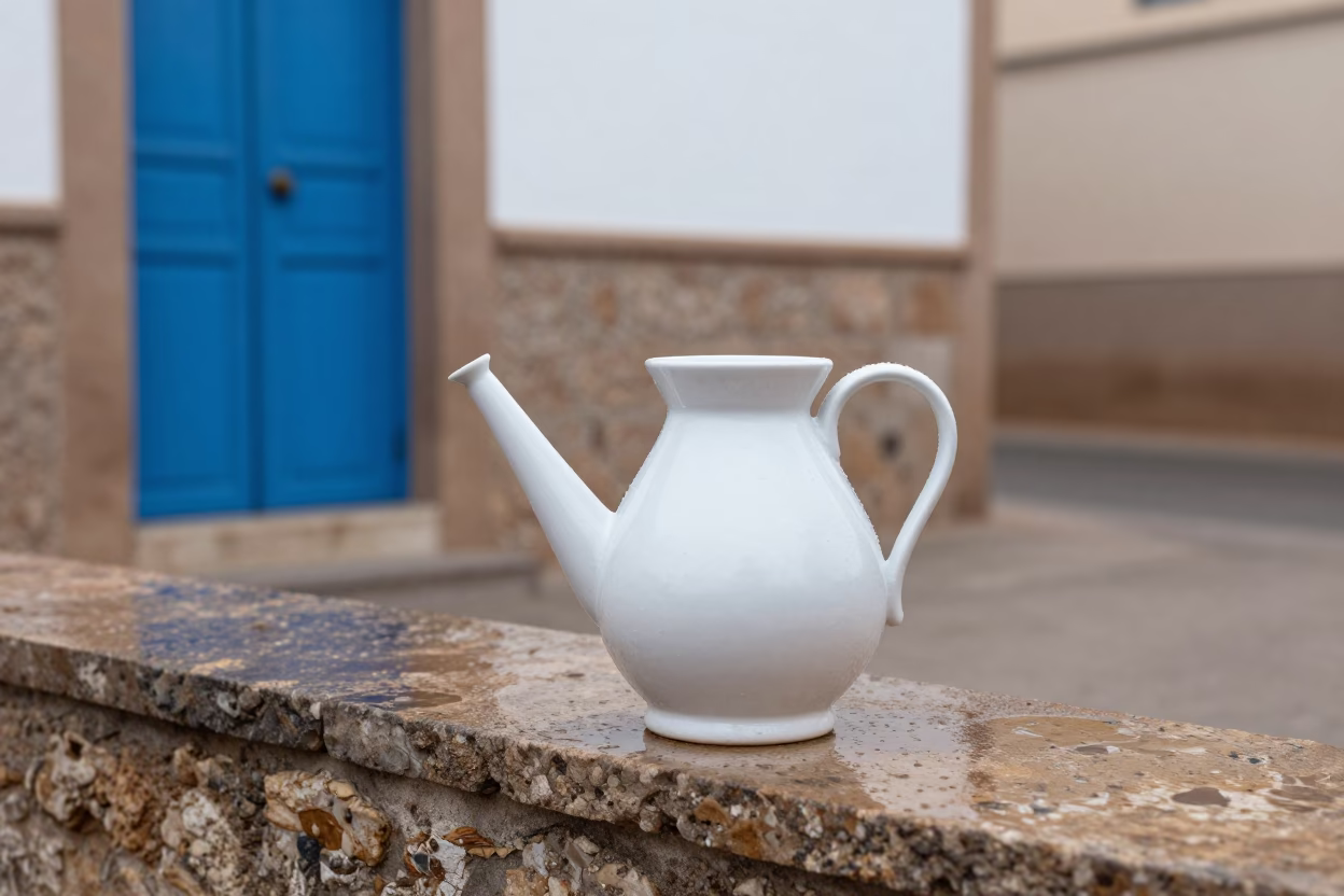 White Ceramic Watering Jug in Essaouira in in Essaouira, Morocco