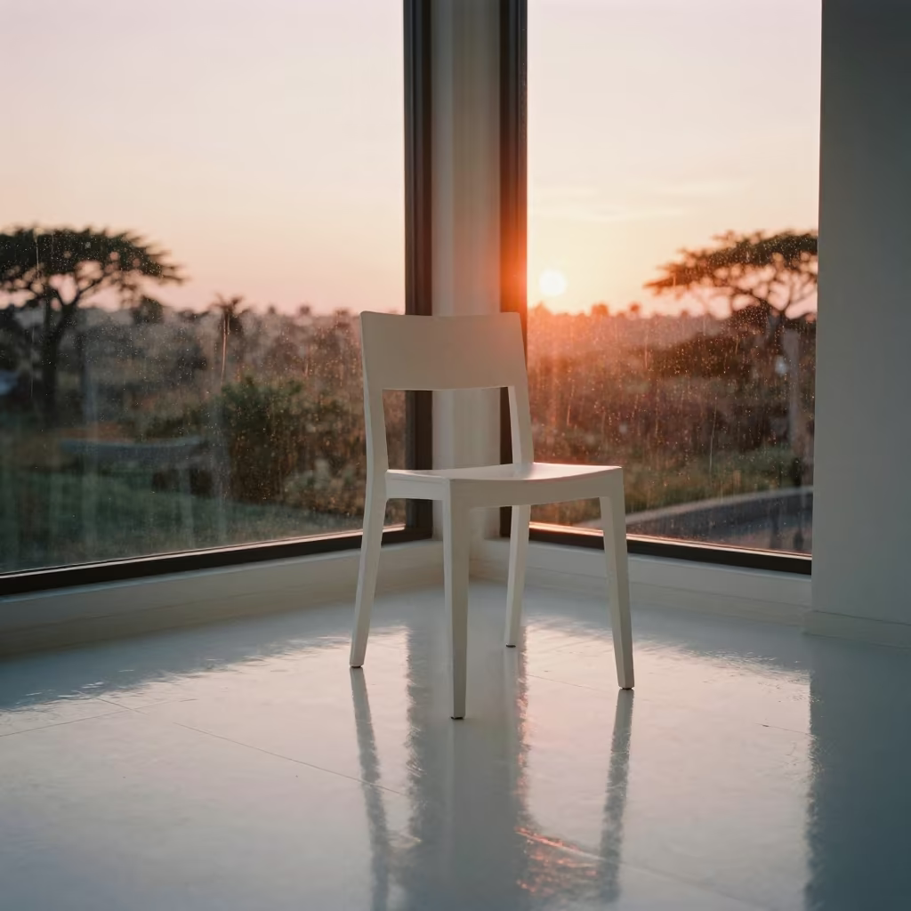 White Chair on White Surface with Sunset Reflections in in Kenya