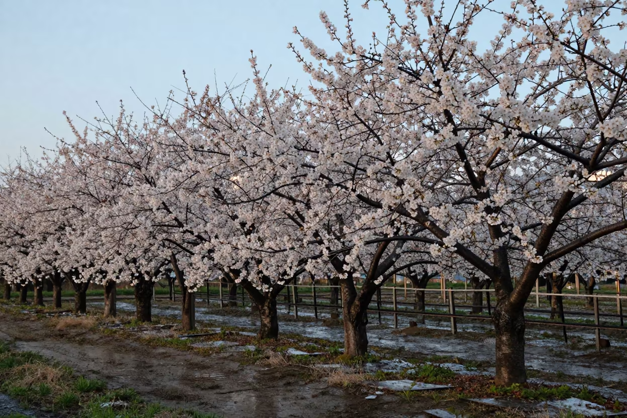 White Cherry Blossoms Between Vineyard Trellises in between vineyard trellises near Sao Luis
