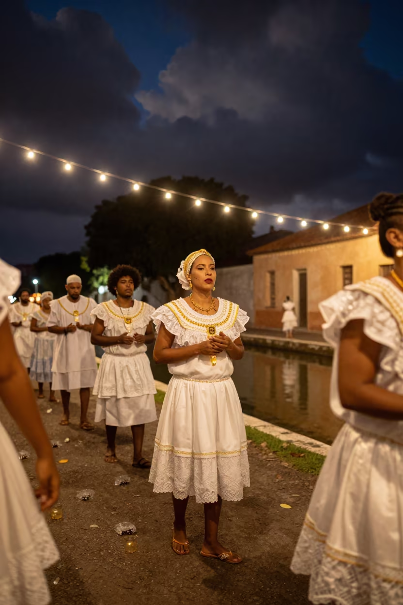 White-clad Dancers by Modena Canal at Night in beside a canal in Modena