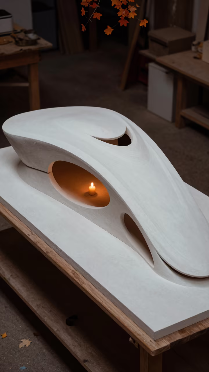 White Concrete Model on Shelf in Béjaïa in on a workshop shelf in Béjaïa