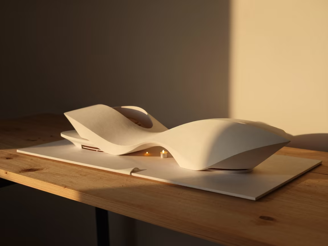 White Concrete Museum Model on Wooden Workbench in on a wooden workbench in Buffalo