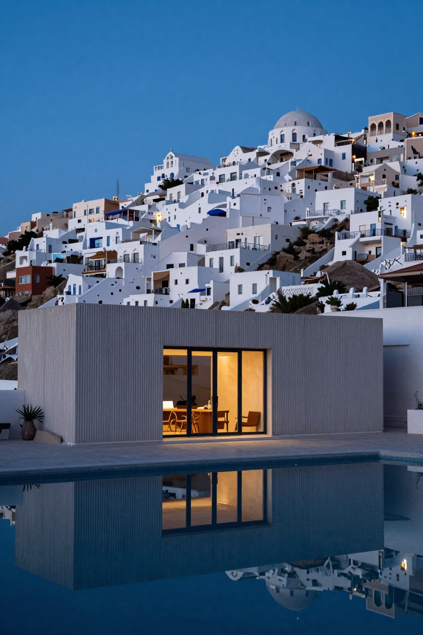 White Cube Village on Greek Hillside in Blue Hour in inside a ribbed concrete lobby in Maracay