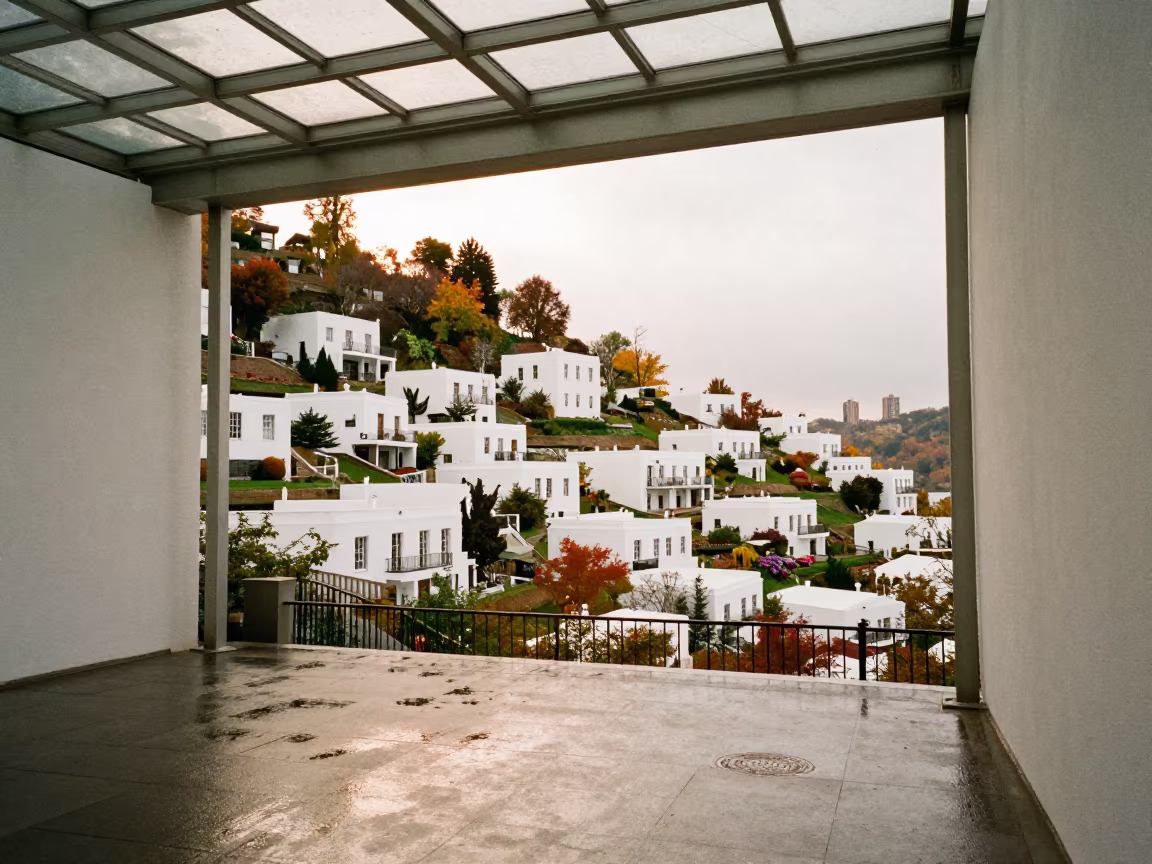 White Cube Village Cascading Greek Hillside in inside a glass-roofed arcade near Williamsburg, New York