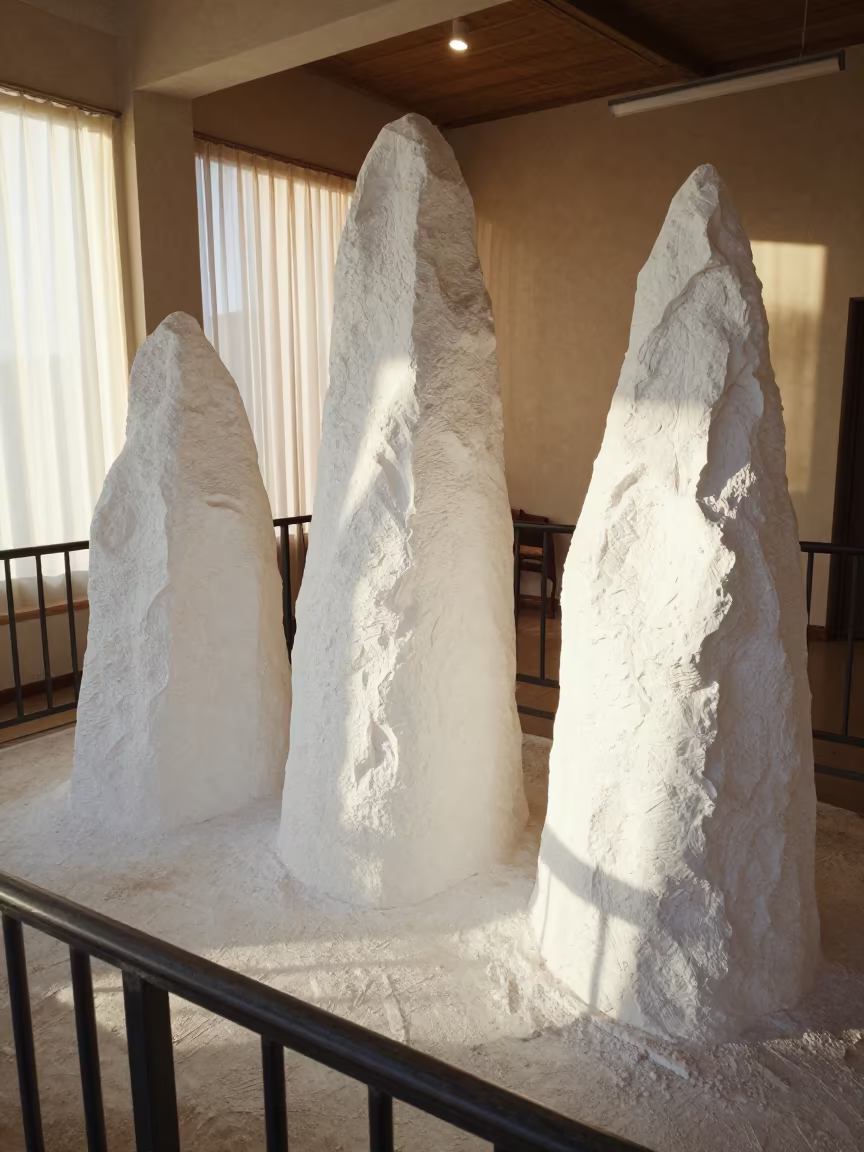 White Desert Chalk Pillars on Doha Pier Railing in on a pier railing in Doha