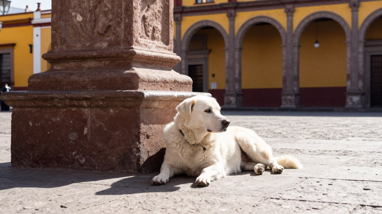 White Dog Resting Near Colorful Plaza De Arches Guadalajara Late Morning in in Guadalajara, Mexico