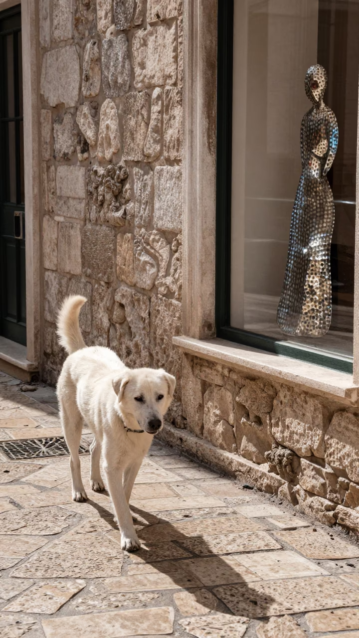 White Dog Walking Near Hammered Metal and Scuffed Wood in Dubrovnik in in Dubrovnik, Croatia