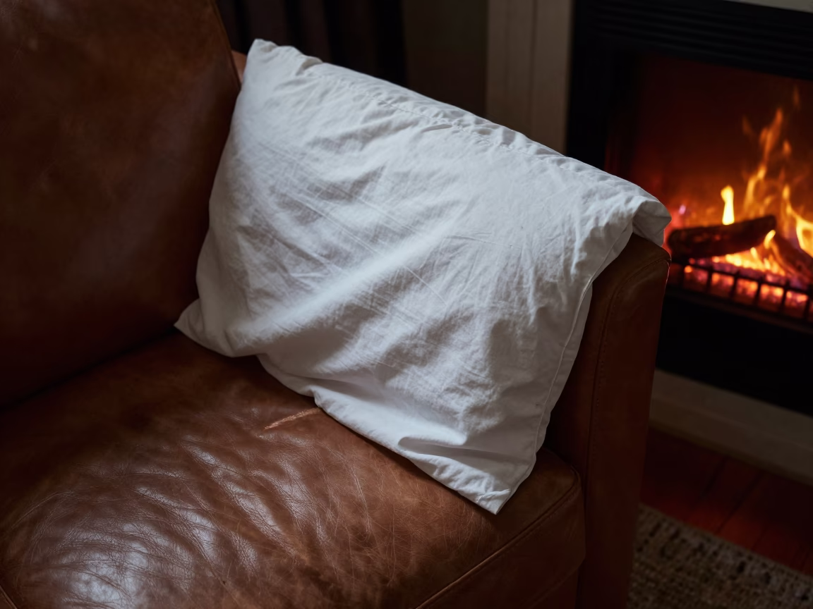 White Duvet Corner on Leather Chair El Oued Night in on a worn leather armchair in El Oued