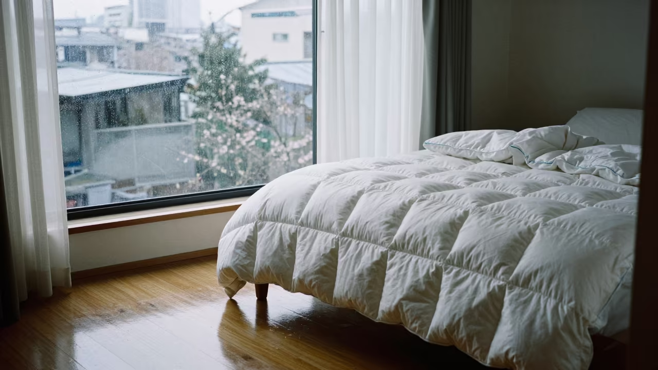 White Duvet in Kobe Loft Morning Light in beside a rain-streaked window in Kobe