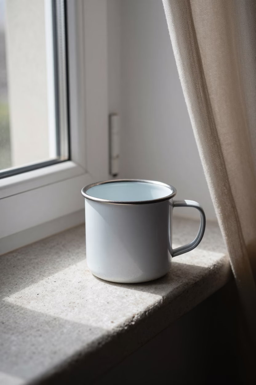 White Enamel Camping Mug in Berlin in in Berlin, Germany