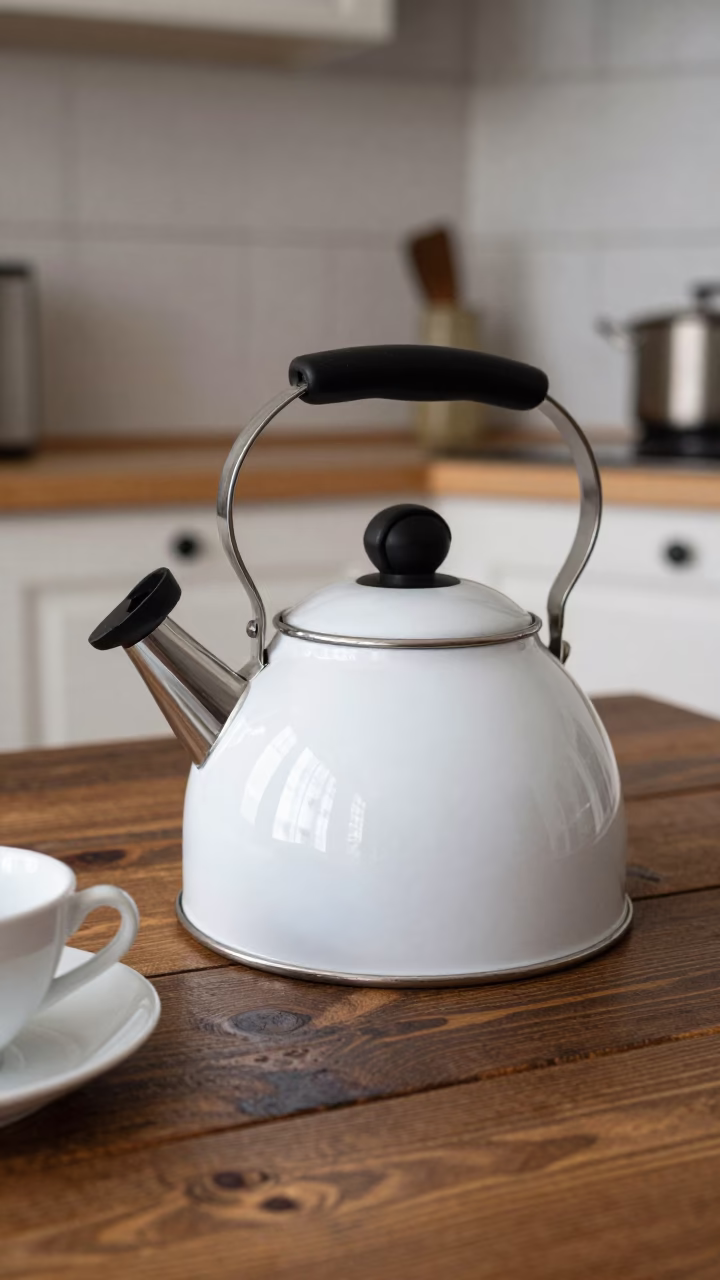White Enamel Kettle in Prague in in Prague, Czech Republic
