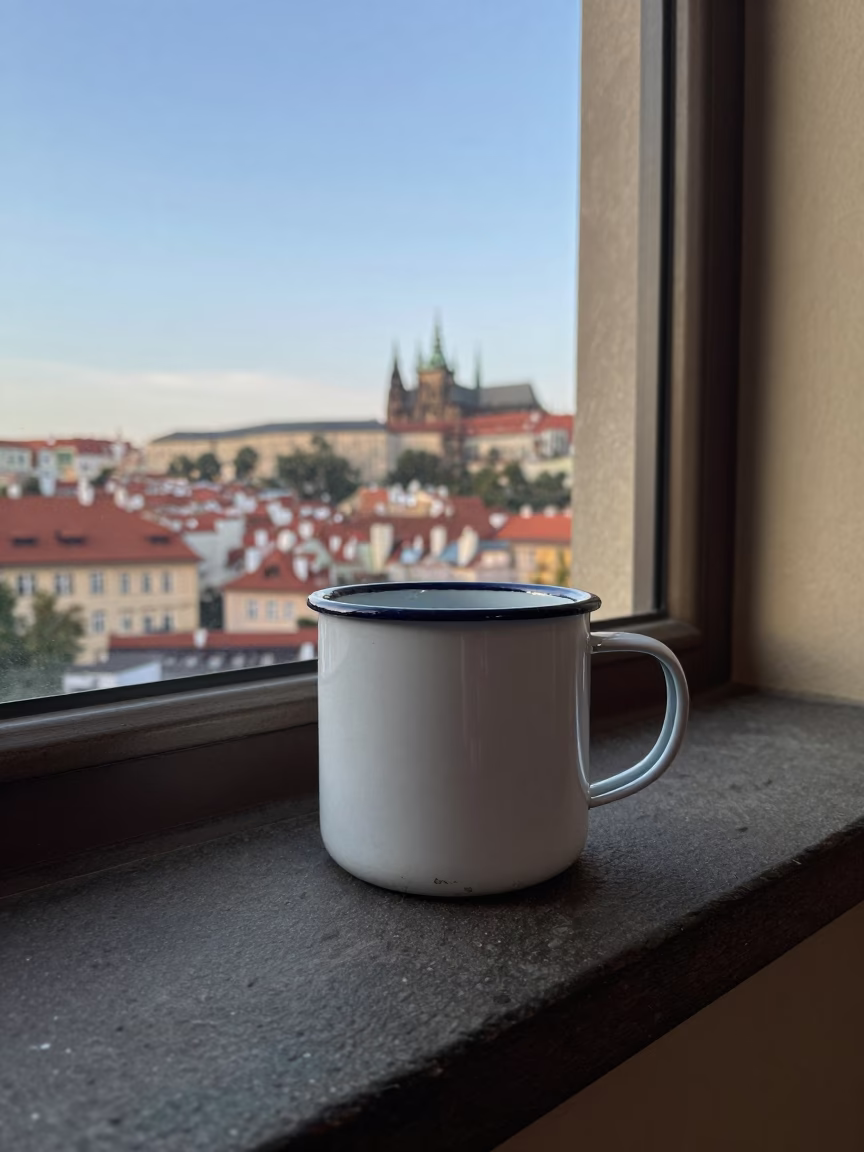 White Enamel Mug in Prague in in Prague, Czech Republic